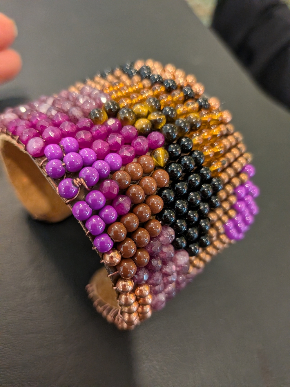 Colorful Beaded Multi-Row Cuff Bracelet - Purple, Brown, Black, Gold